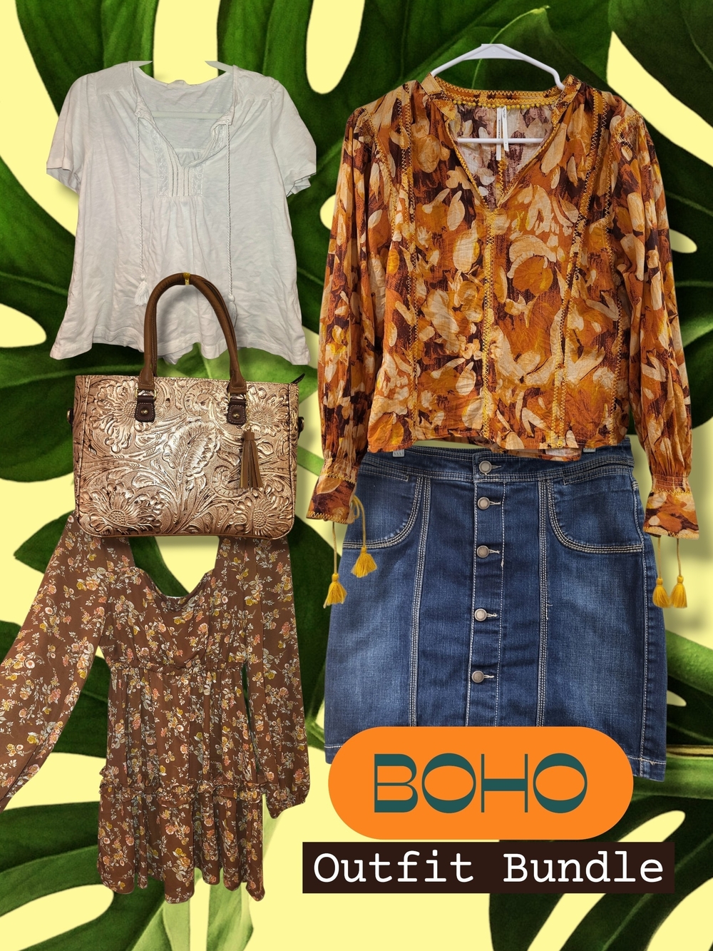Anthropologie Boho Floral Peasant Blouse + Denim Skirt OUTFIT BUNDLE